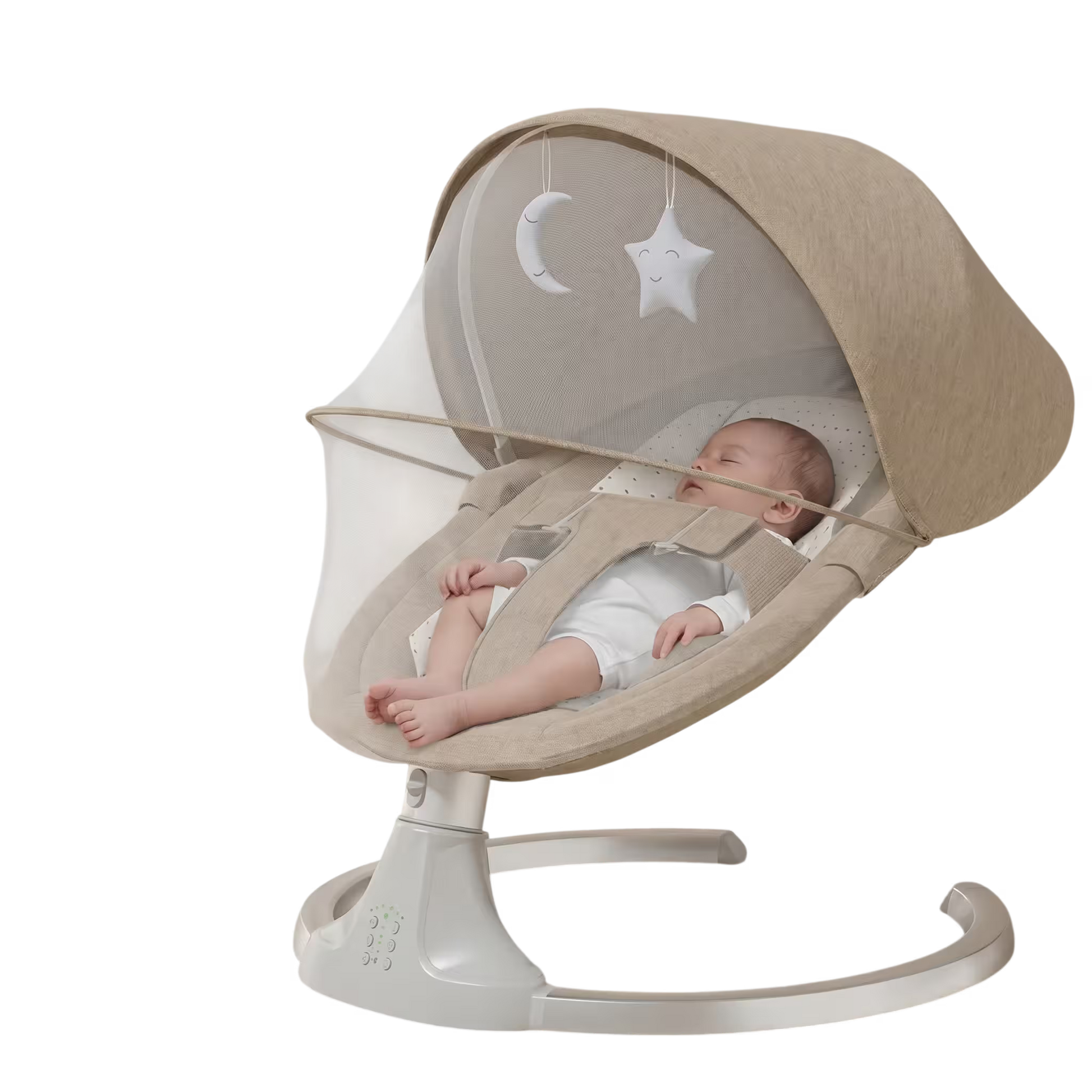Baby in a beige and white baby swing with stars and moon mobile on a white background