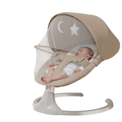 Baby in a beige and white baby swing with stars and moon mobile on a white background