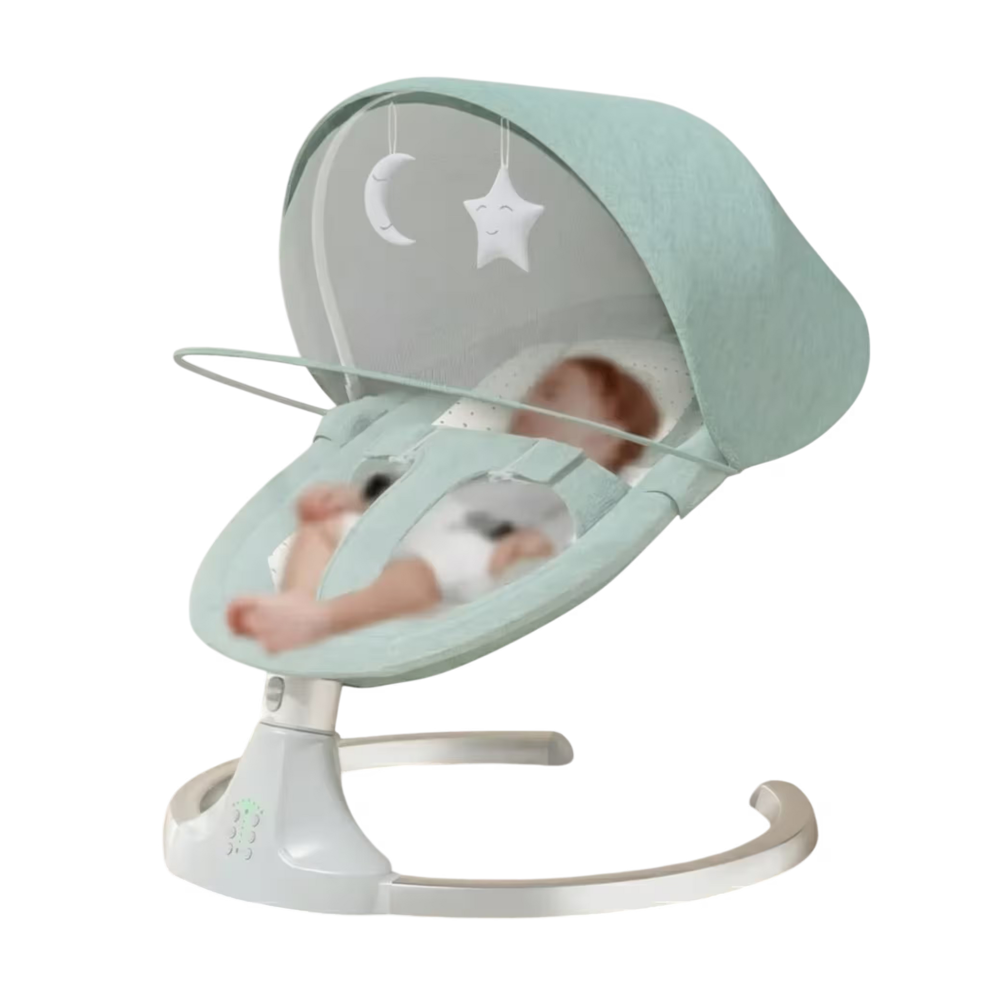 Baby swing with a baby inside on a white background