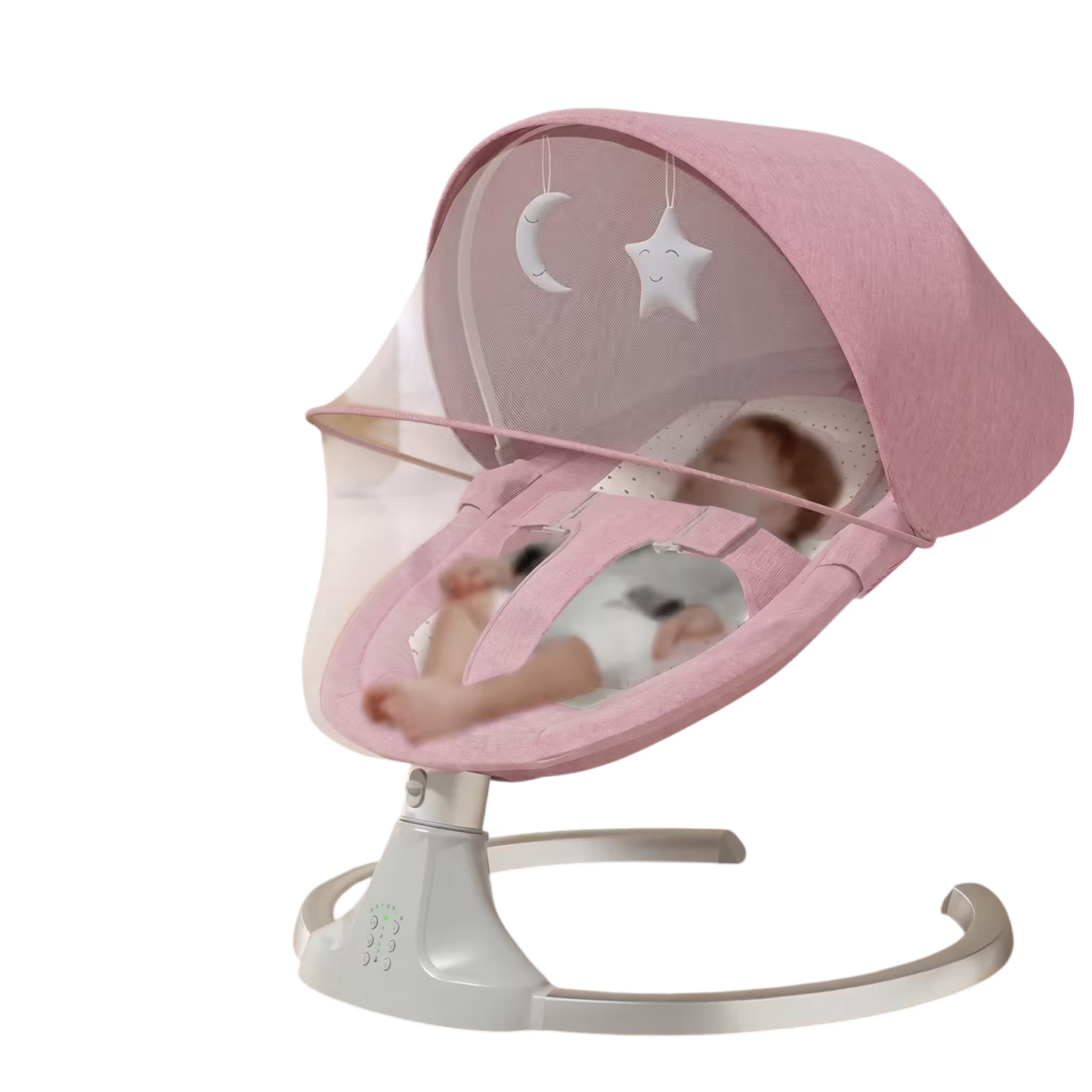 Pink baby swing with a child inside on a white background