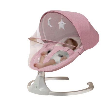 Pink baby swing with a child inside on a white background