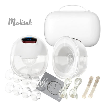 White breast pump set with accessories on a white background, featuring the brand 'Malisa'.