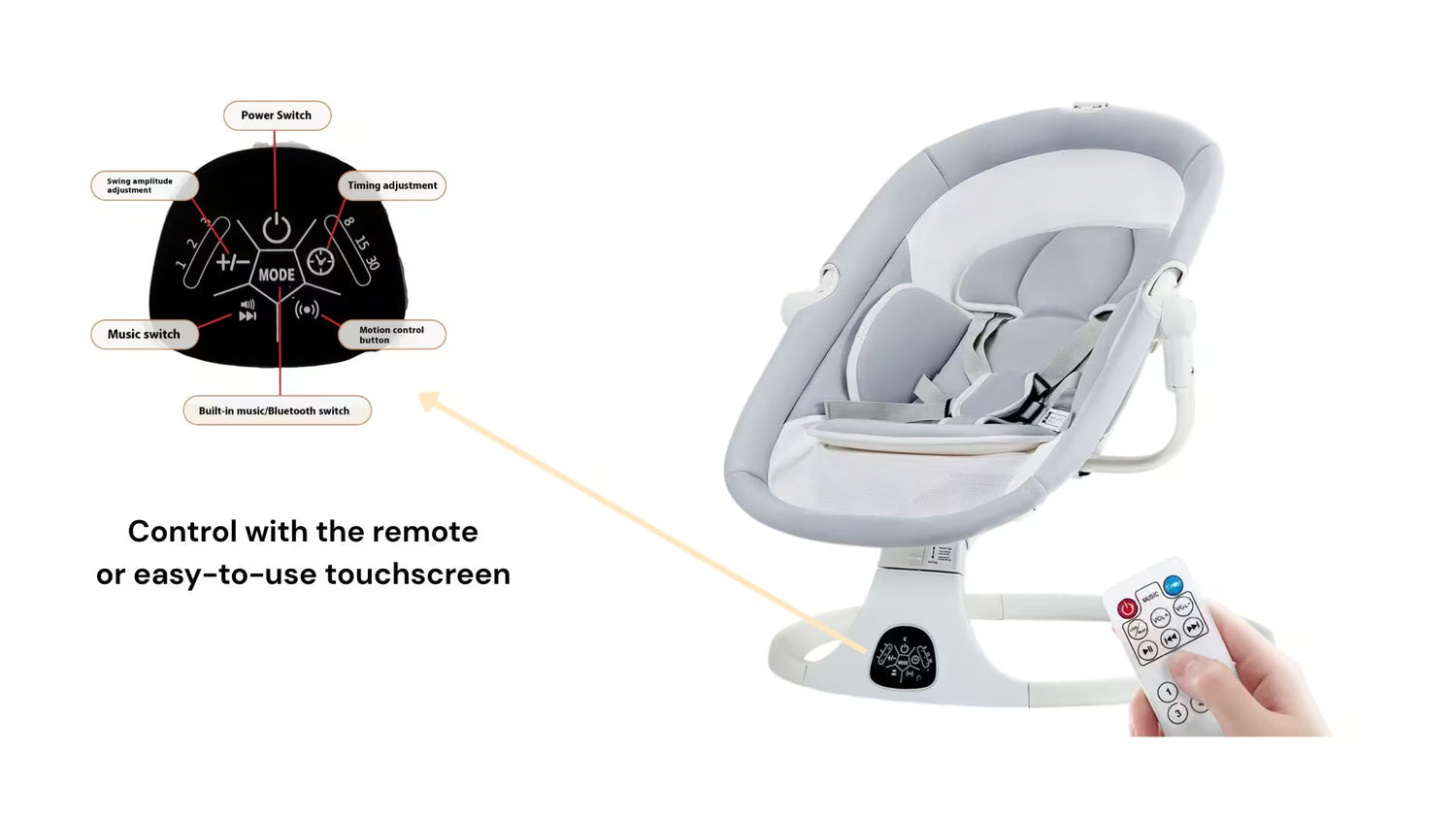 Baby swing with remote control and touchscreen interface on a white background