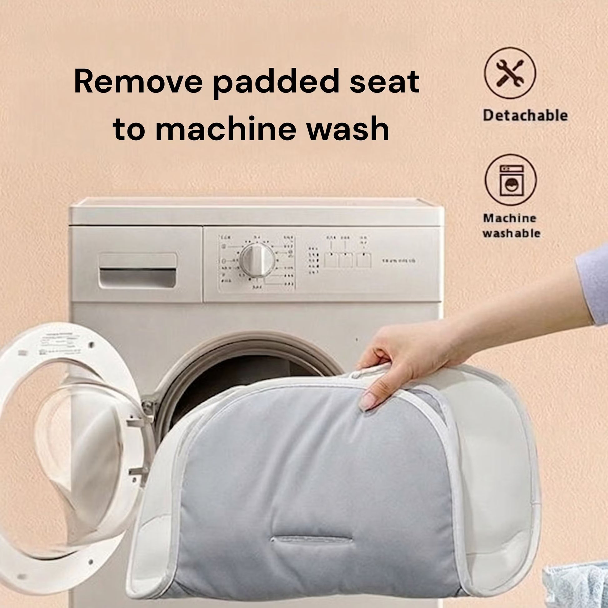 Person holding a detachable padded seat above a washing machine with text indicating it can be machine washed.