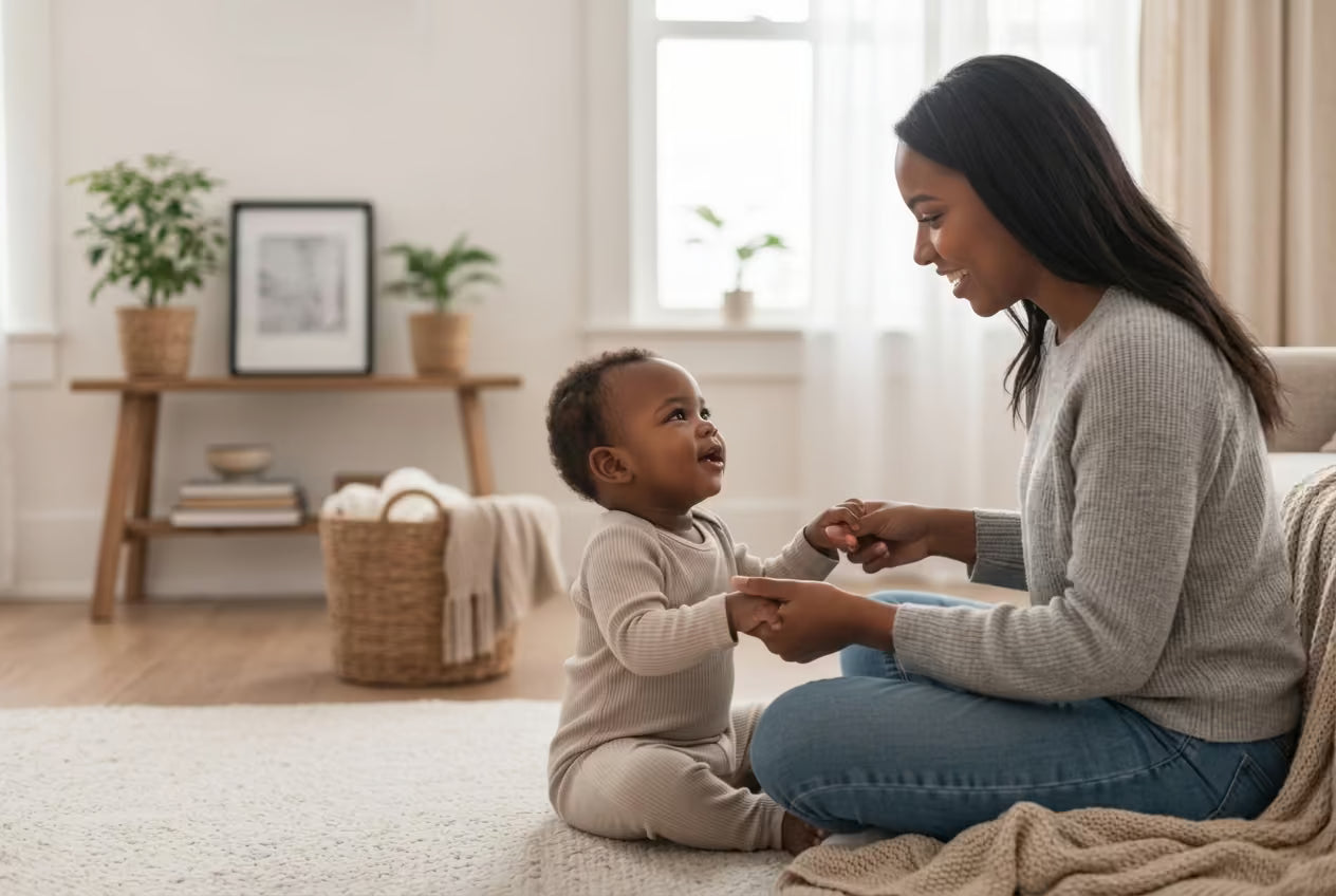 Woman sitting on the floor with a baby in a home setting