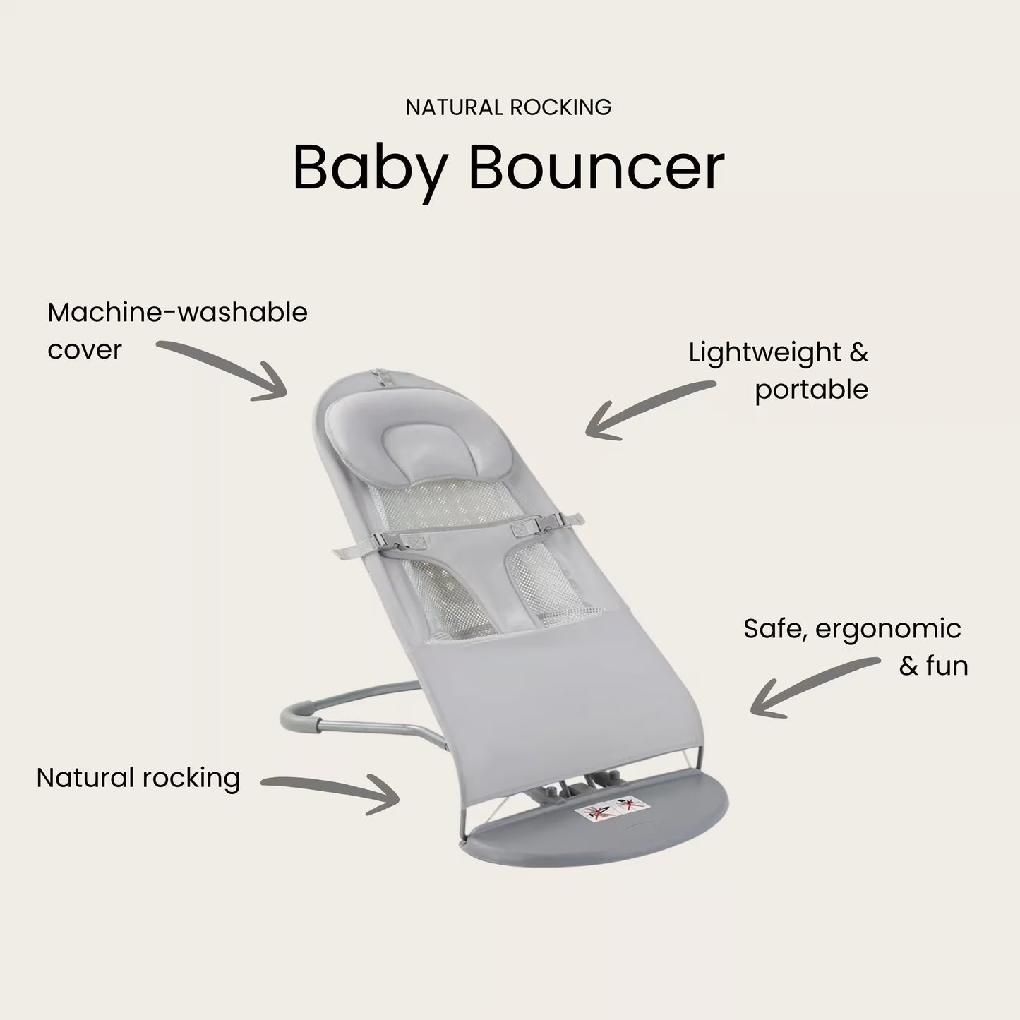 Baby bouncer with features listed on a light gray background