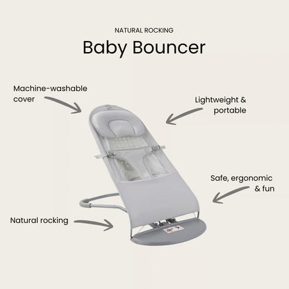 Baby bouncer with features listed on a light gray background