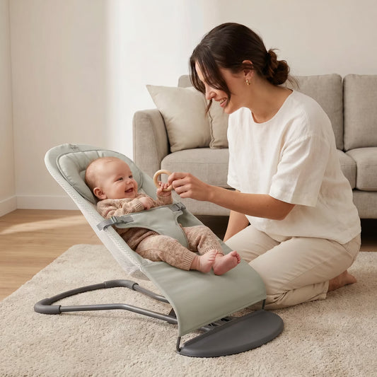 Woman playing with a baby in a gray baby bouncer in a living room.