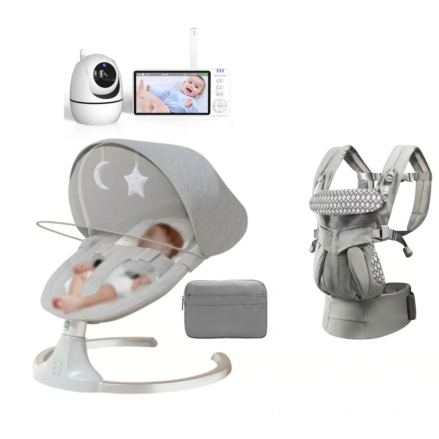 Baby care and sleep set including a gray electric baby swing, a baby monitor camera with screen, a baby carrier seat, and a gray storage pouch, all shown on a white background.