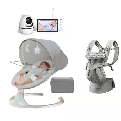 Baby care and sleep set including a gray electric baby swing, a baby monitor camera with screen, a baby carrier seat, and a gray storage pouch, all shown on a white background.