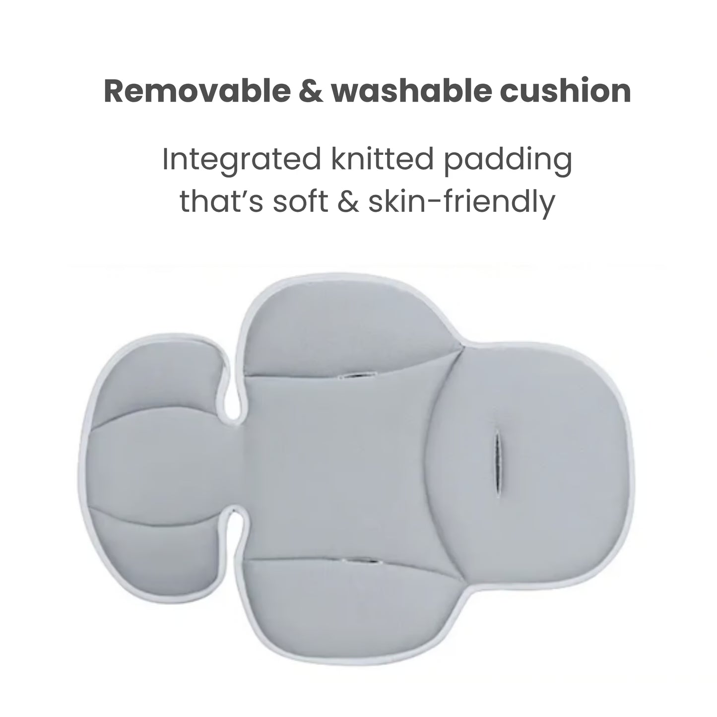 Gray cushion with text about being removable, washable, and having soft integrated knitted padding.