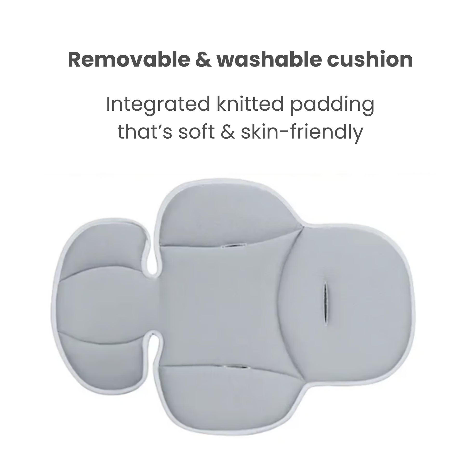 Gray cushion with text about being removable, washable, and having soft integrated knitted padding.