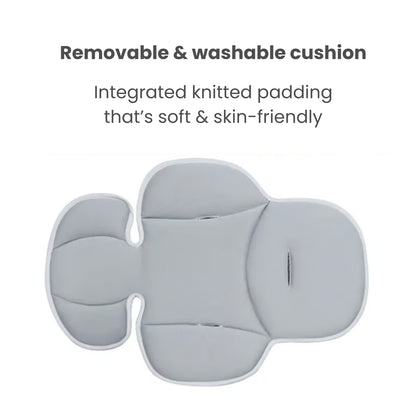 Gray cushion with text about being removable, washable, and having soft integrated knitted padding.