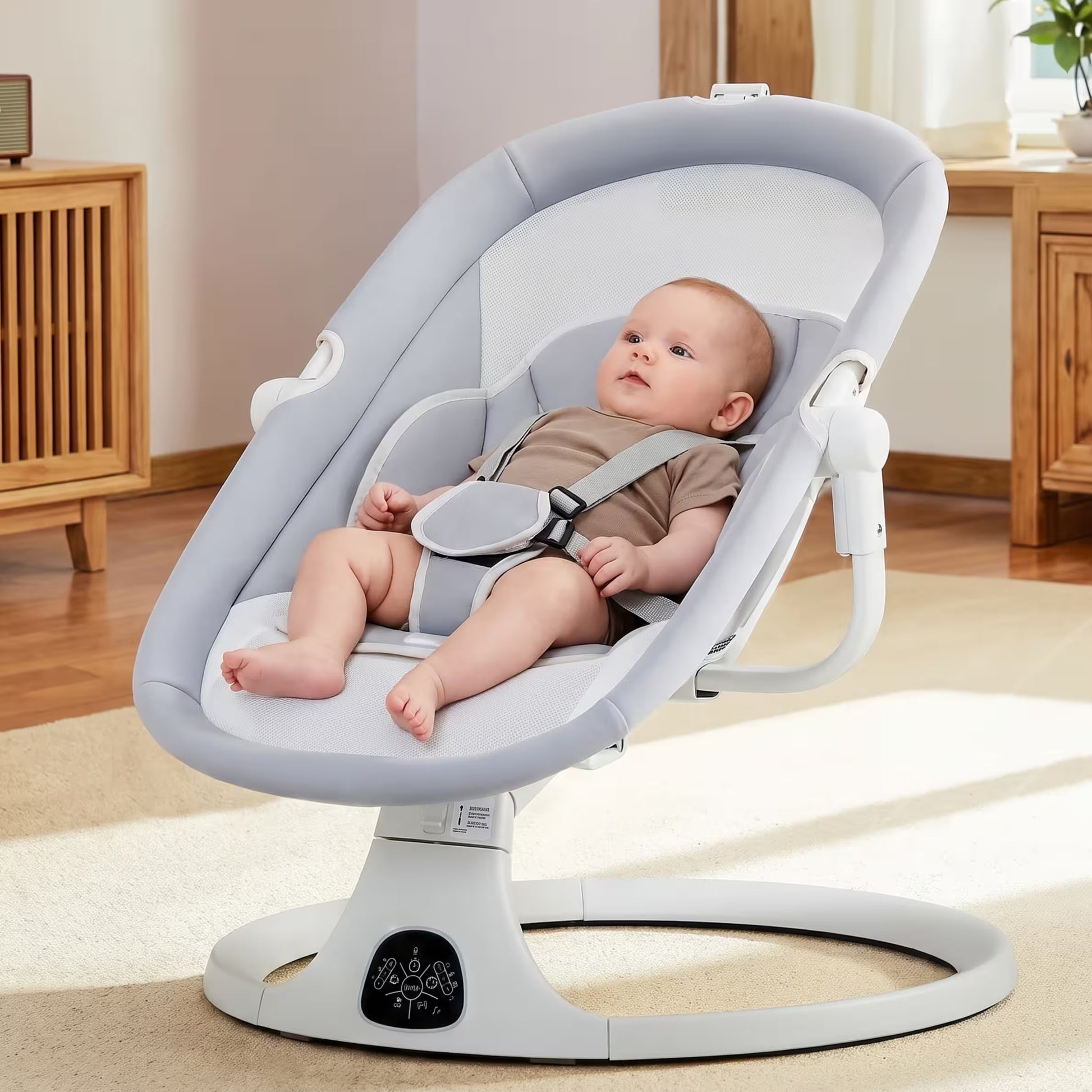 Baby in a gray baby swing in a home setting