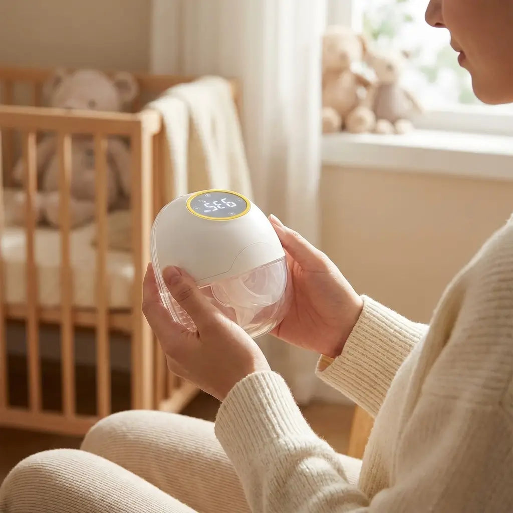 Person holding a white device with a label in a nursery setting