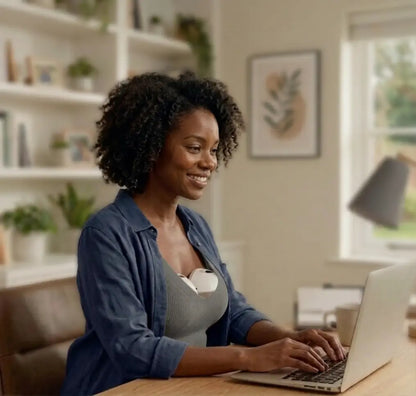 Woman using a laptop in a home setting with a bookshelf and window in the background